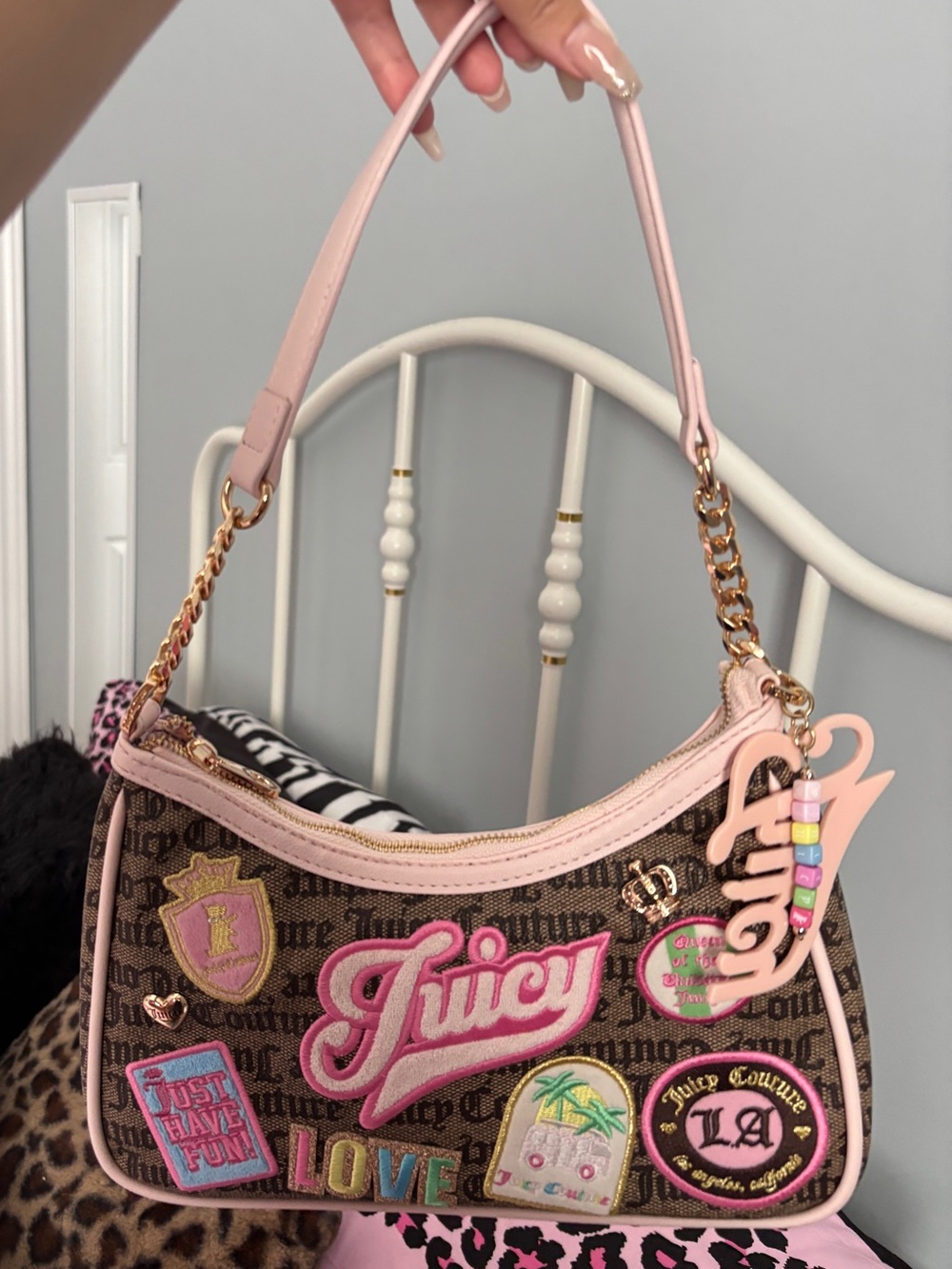 Juicy Couture Pink and Brown Patchwork Mini Shoulder Bag